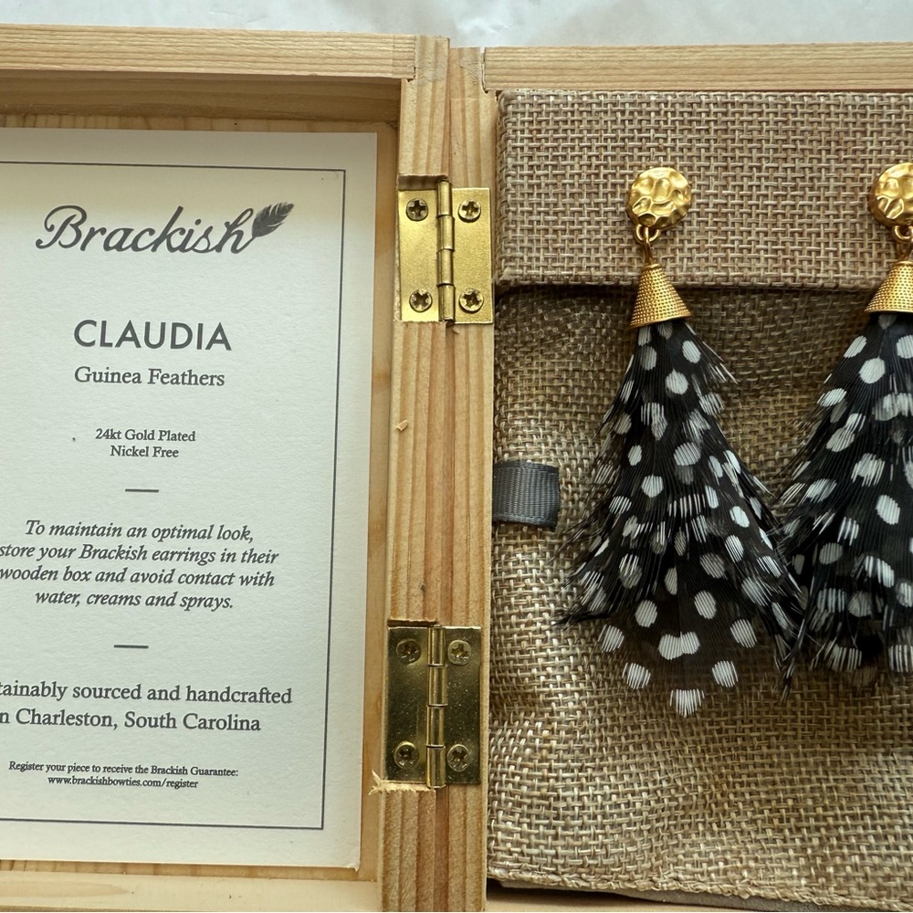 Gold Top Black & White Feather Drop Earrings - Picture 5 of 12